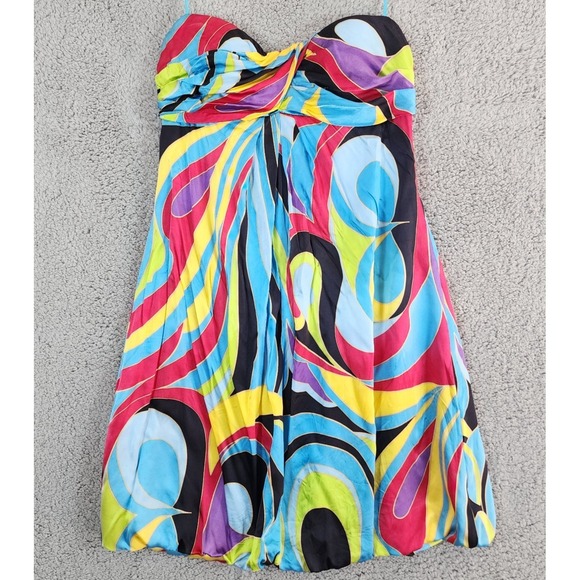Caché Silk Strapless Cocktail Dress Size 2 Y2K Swirl Babydoll Mini Bubble Hem - Picture 8 of 8